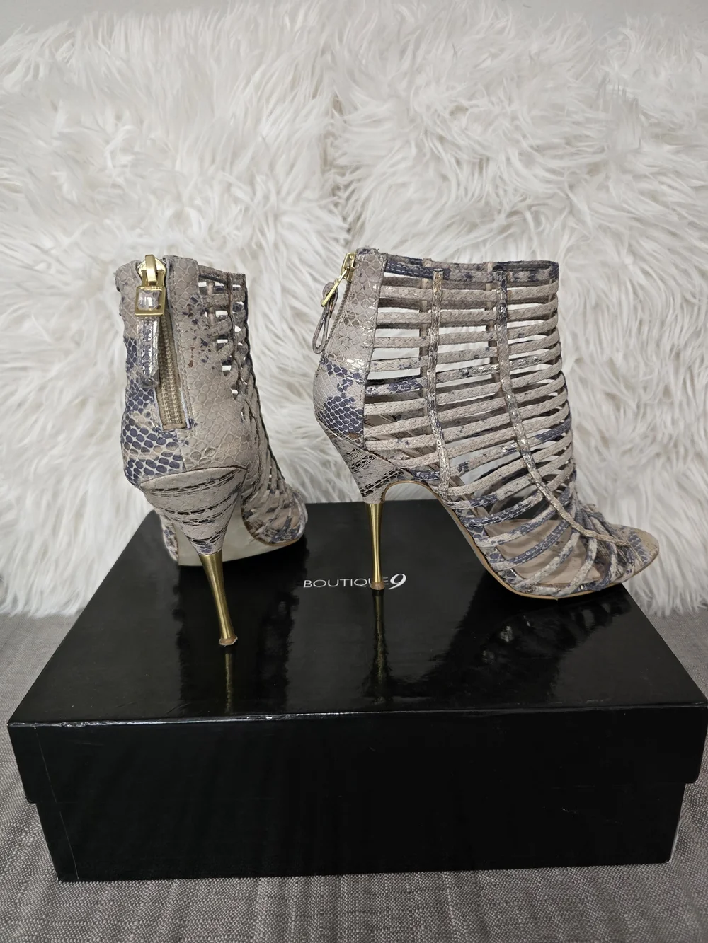 Boutique 9 Snake-Print Strappy High Heel Booties in Beige
